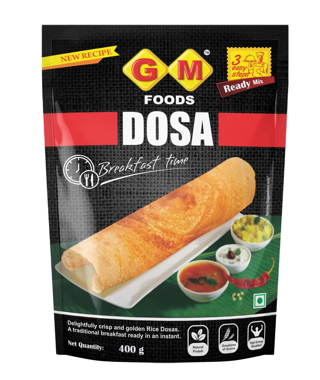 GM Foods Dosa Flour Mix 400g, With Sambhar Masala | Instant South Indian Breakfast Mix | Crispy & Fermented Batter for Dosa & Idli | Natural Ingredients | Easy & Quick to Prepare | No Preservatives
