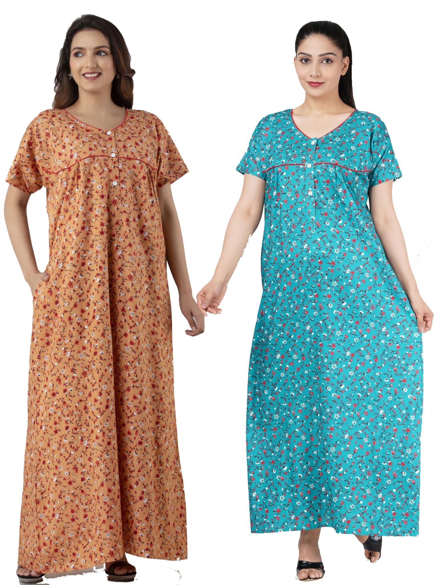 Combo Floral Printed Maxi Nightwear Nighty | Cotton Nighty for Women with Pockets | Comfortable Maxi Dress/Sleepwear/Nightwear (Free Size- L/XL)