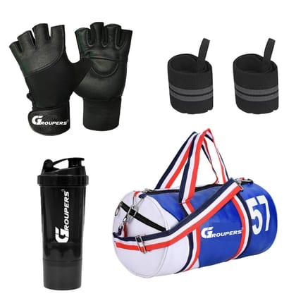 GROUPERS Duffle PU Leather Bag with Shaker Bottle-500ml, Gloves & Wrist Band (Blue White) GROUPERS Duffle PU Leather Bag with Shaker Bottle-500ml, Gloves & Wrist Band (Blue White)