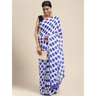 SVB Sarees Womens White And Blue Colour Polka Dot Printed Saree With Blouse Piece