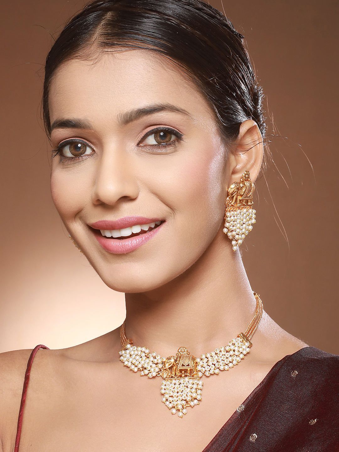 Gold Plated Elephant Motif Pearl Beaded Designer Earrings Necklace Jewellery Set