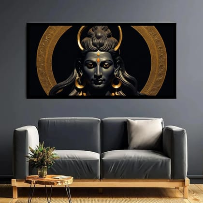 Luminary Eternal Ascendance – Golden Aura Shiva Museum-Quality Cotton Canvas Art for Living Room Décor | Frame Size (127 X 69 Cm) | Frame Type (Black) | 5-Year Warranty