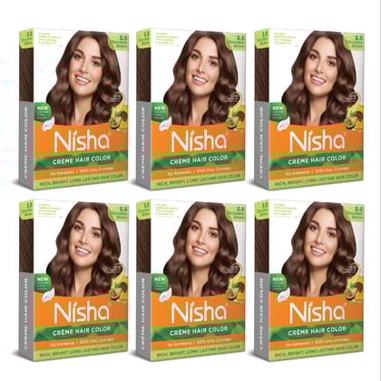 Nisha Creme Hair Color Chocolate Brown 40gm Pack of 6, Permanent Hair Color for Women Men, No Ammonia, 100% Grey Coverage