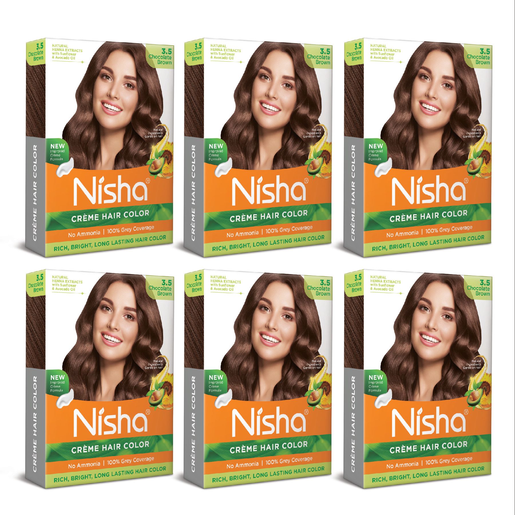 Nisha Creme Hair Color Chocolate Brown 40gm Pack of 6, Permanent Hair Color for Women Men, No Ammonia, 100% Grey Coverage