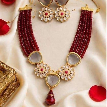 Handmade Kundan Necklace Set Maroon Festive Jewellry