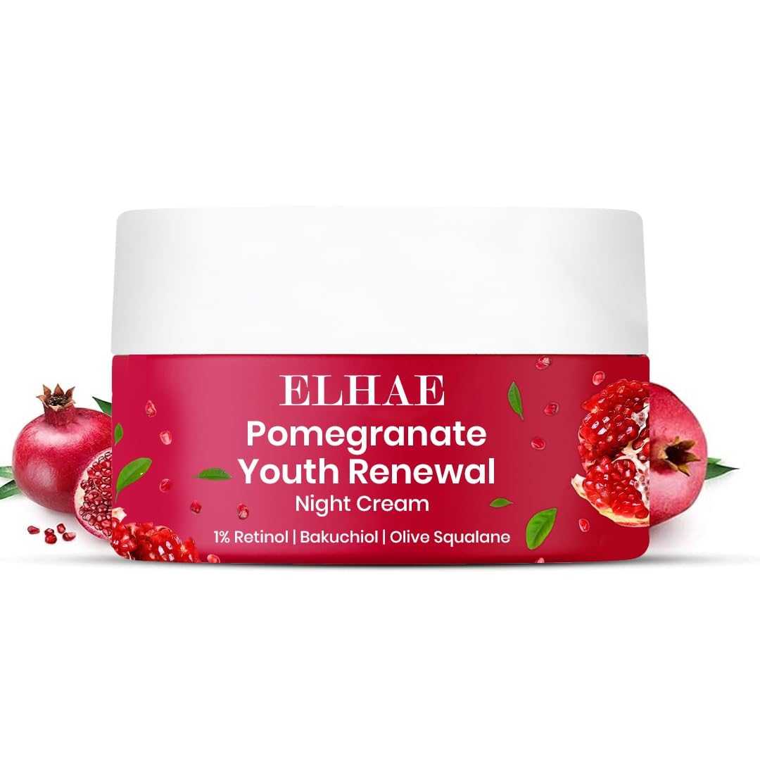 ELHAE Pomegranate Youth Renewal Night Cream for Face � 1% Retinol, Bakuchiol & Olive Squalane � Hydrating & Nourishing Anti-Ageing Skin Cream � 50 g