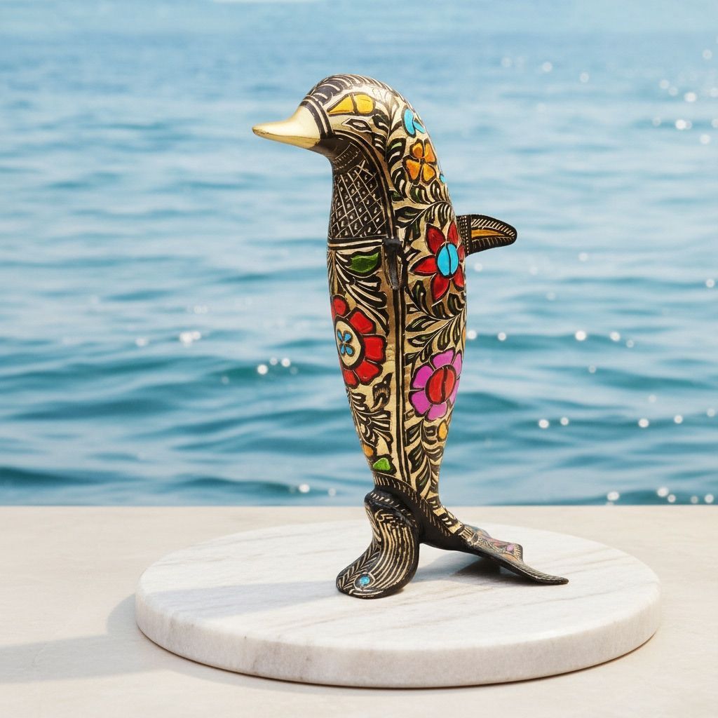 Handcrafted Brass Dolphin Decorative Statue for Living Room & Office, Height : 13 Inch (ANMAS239 C)
