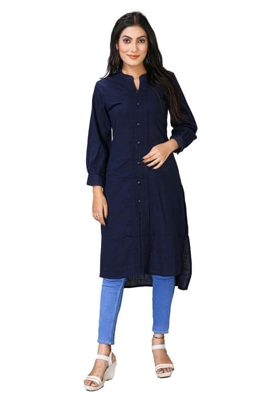 Women's Casual Full Sleeve Viscose Rayon Printed Kurti (Dark Blue, L)-PID46421