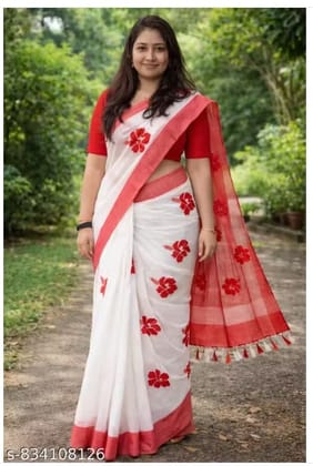 Traditional Shantipur Handloom Saree with Jaba Flower Motifs - White and Red