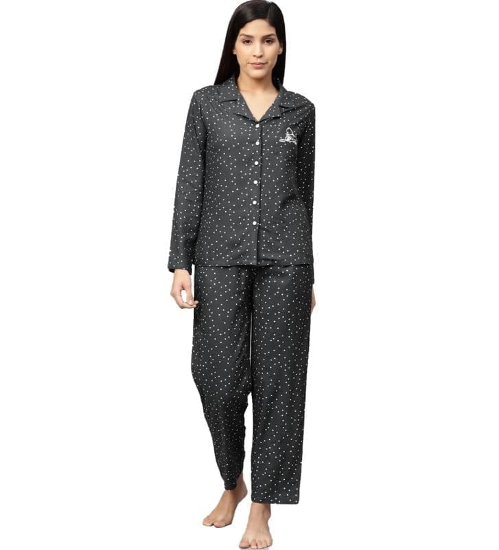 Women's Casual Full Sleeves Polka Dot Printed Rayon Shirt with Pyjama Pant Night Suit Set (Grey, S)-PID48565