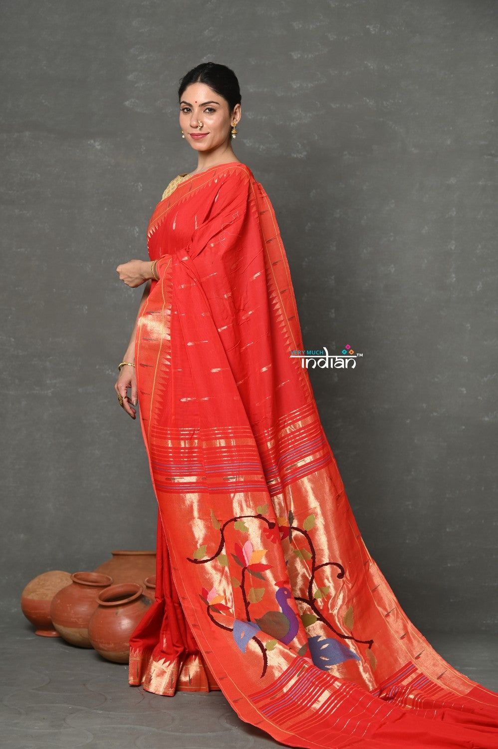 Tyohaar ~ Handloom Pure Cotton Muniya Border Saree With Handcrafted Peacock Pallu in Red