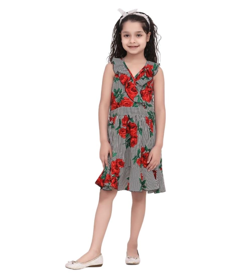 Girl's Polyester Crepe Floral Shoulder Straps Dress (Red, 5-6-Yrs)-PID66022
