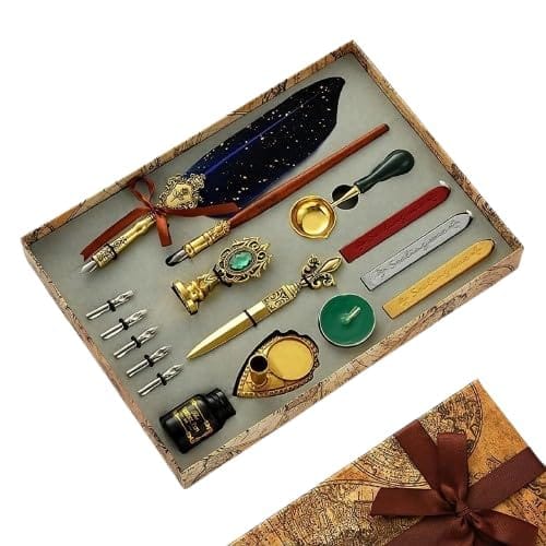 Vintage Feather Pen Quill Pen Set with ink, Wax Stamp, 5 Replacement Nibs, 3 Sticks, spoon for Valentine and Birthday Gift