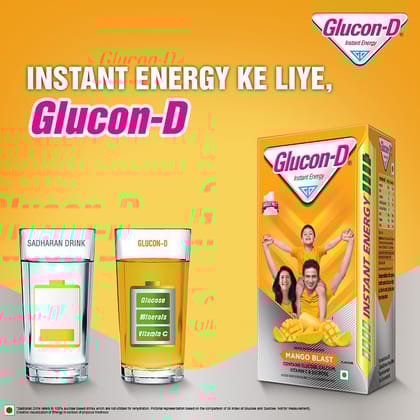 Glucon-D Mango Blast Glucose Powder(75g + 50g Extra)| For Tasty Mango Flavoured Glucose Drink| Provides Instant Energy