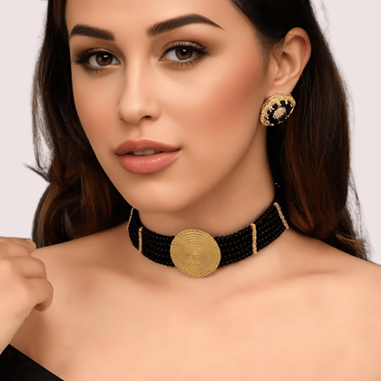 Timeless Grace Black Beaded Necklace with Gold Mandala Pendant Timeless Grace Black Beaded Necklace with Gold Mandala Pendant