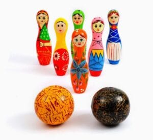 Handicraft Exim Hand-Painted Wooden Bowling Set | Traditional Doll Design | Indoor Skill Game