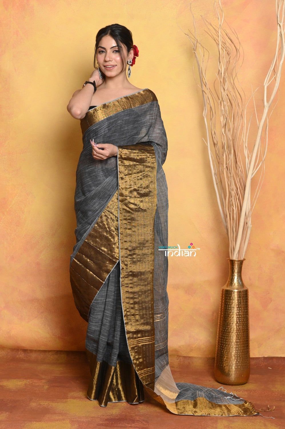Mastaani ~ Handloom Pure Cotton Linen Saree With Golden Border - Grey Gold
