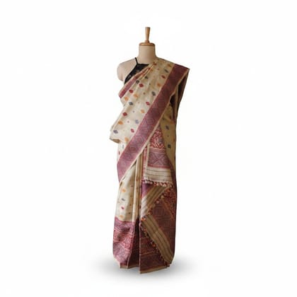Handwoven Traditional Cream & Maroon Cotton Saree