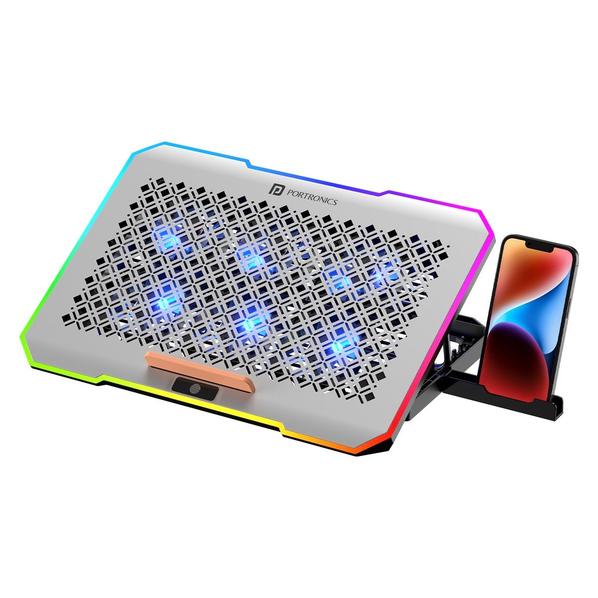 Portronics My Buddy Air Pro Laptop Cooling Pad with 6 Cooling Fans, 5-Level Angle & Height Adjustable, 10 RGB Light Modes, Mobile Stand, USB Powered, for Upto 17 Inch Laptops 