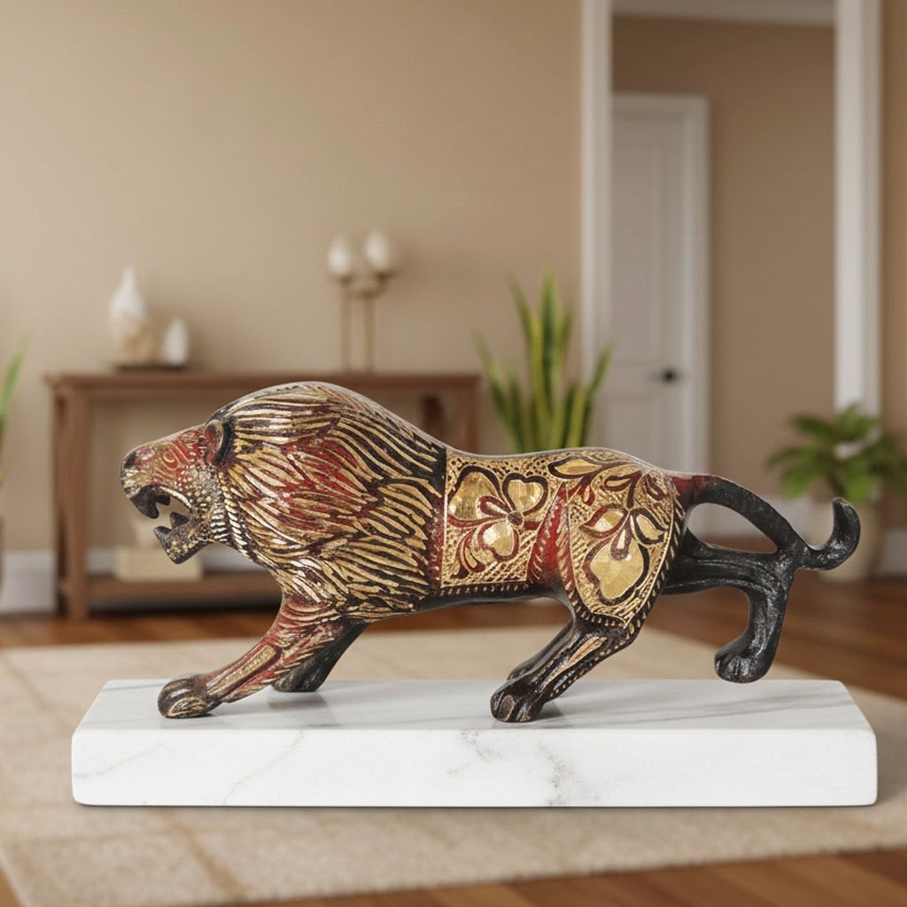 Traditional Brass Lion Decorative Showpiece Statue for Living Room Decor, Height : 3.5 Inch (ANMAS179 A)