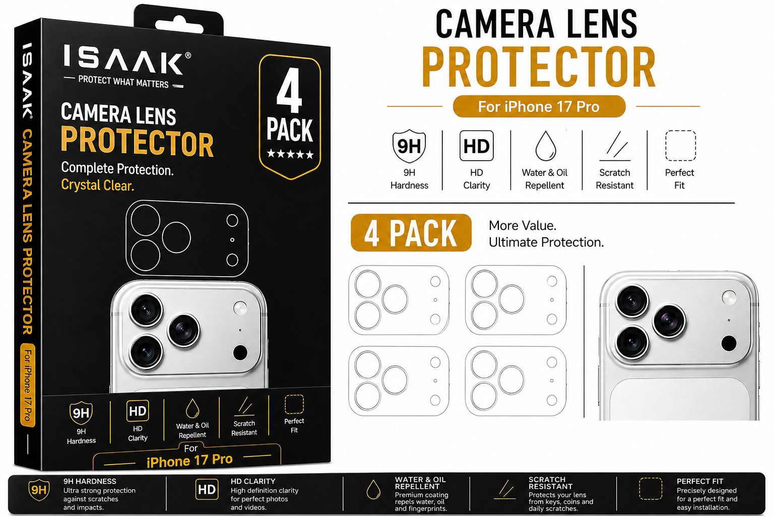 ISAAK Back Camera Lens Protector compatible for Apple iPhone 17 Pro (Pack of 4)
