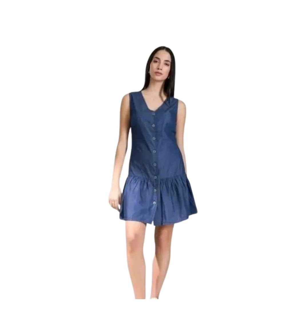 Women's Casual Denim Sleeveless Dress (Blue, M)-PID63357