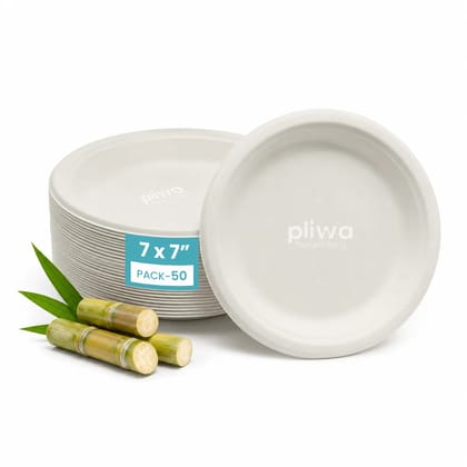 Pliwa Disposable Bagasse Plates, 7 inch, Pack of 50, White