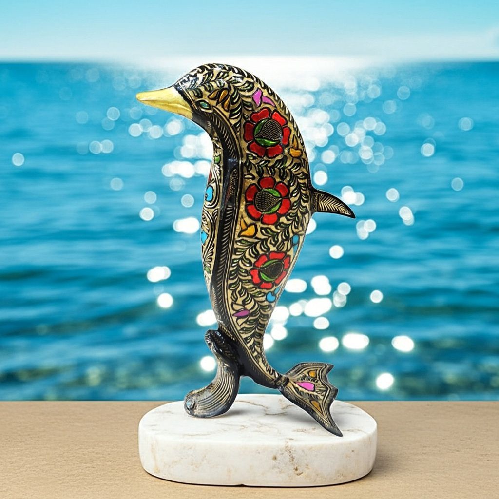 Antique Finish Brass Dolphin Decorative Statue for Home & Office, Height : 15.5 Inch (ANMAS239 G)