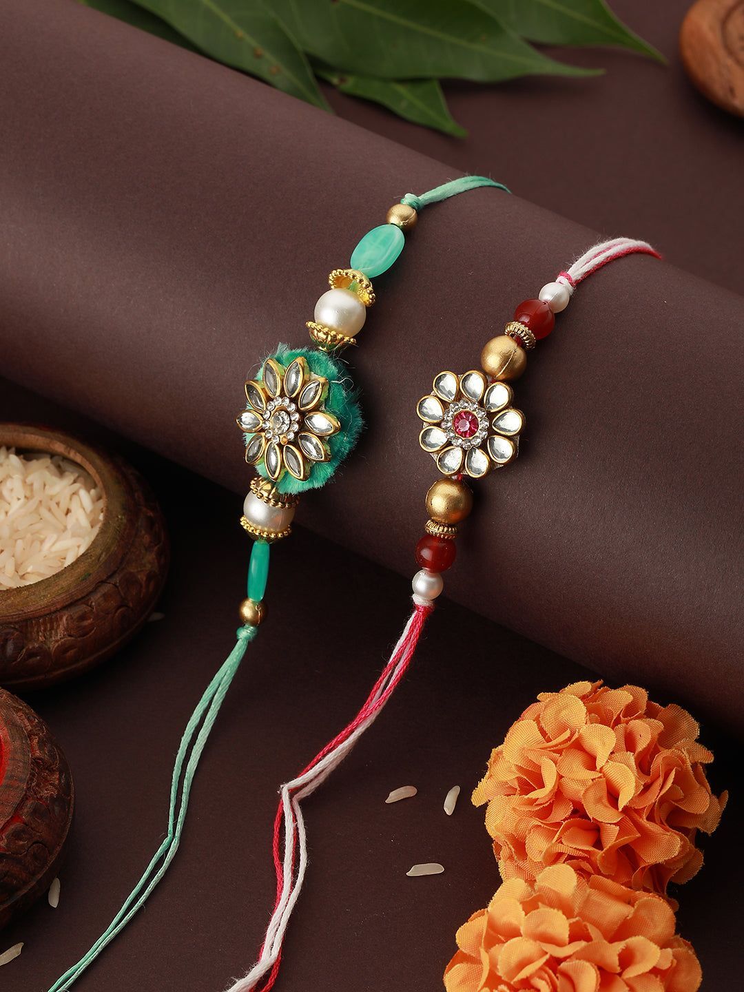 Set of 2 Kundan & Pearl Beaded Rakhi with Roli Chawal