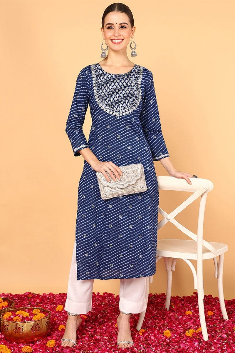 Plus Size Navy Blue Cotton Leheriya Printed Straight Kurta VCK9645