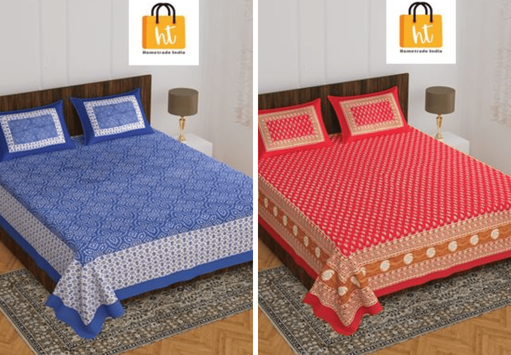 3001-Hometrade India-Standard King Size (90*108 Inches)-Pure Cotton Jaipuri Double Bedsheet With Matching Pillow Cover