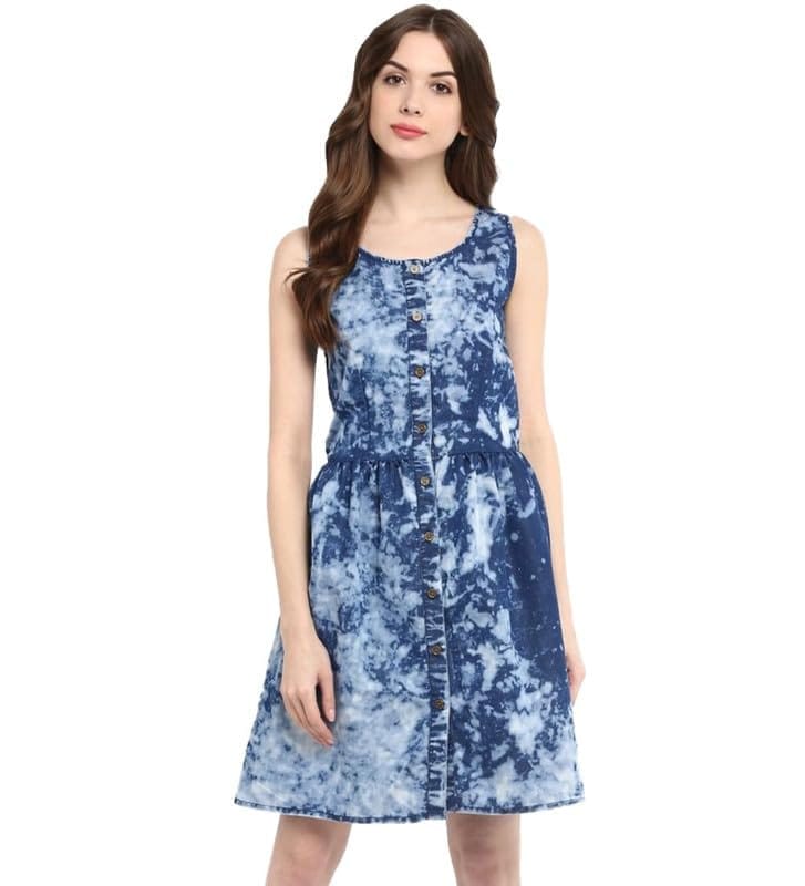 Women's Denim Tie & Dye Sleeveless Above Knee Dress (Blue, M)-PID55720