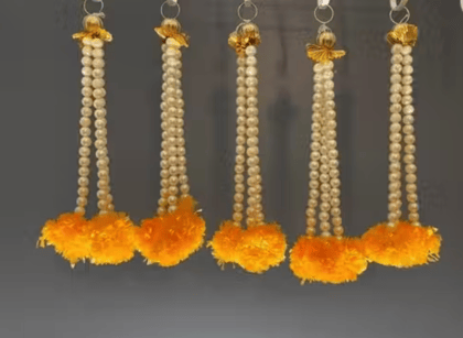 Decorated Pearl Hanging with Marigold Flower on The Bottom Wall Decoration/Backdrop/Set of 10 pc / 12 inches Each in Size (Yellow)