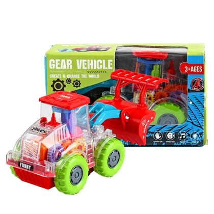 Transparent Utility Gear Vehicle JCB Battery Operated Moving Rotating Toys with Colorful Light & Music for Kids