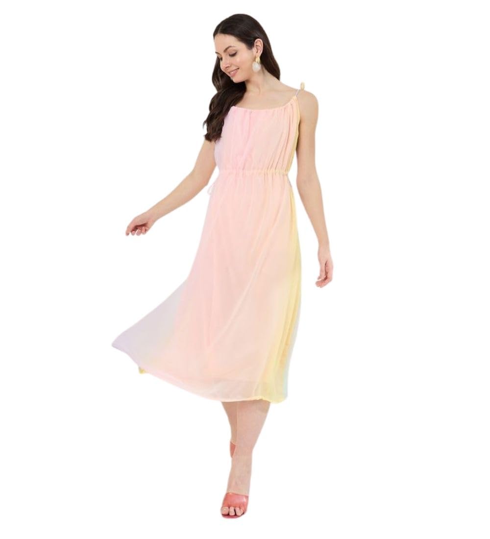 Women's Georgette Ombre Sleeveless Dress (Peach, M)-PID65383