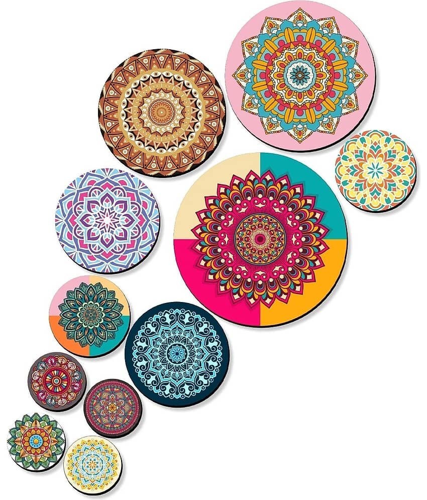 SNDArt Set Of 11 Mandoli Modern Art Madhubani Motivational Quotes Round Self Adhesive Wall show Piece Digital Reprint 21 inch x 26 inch