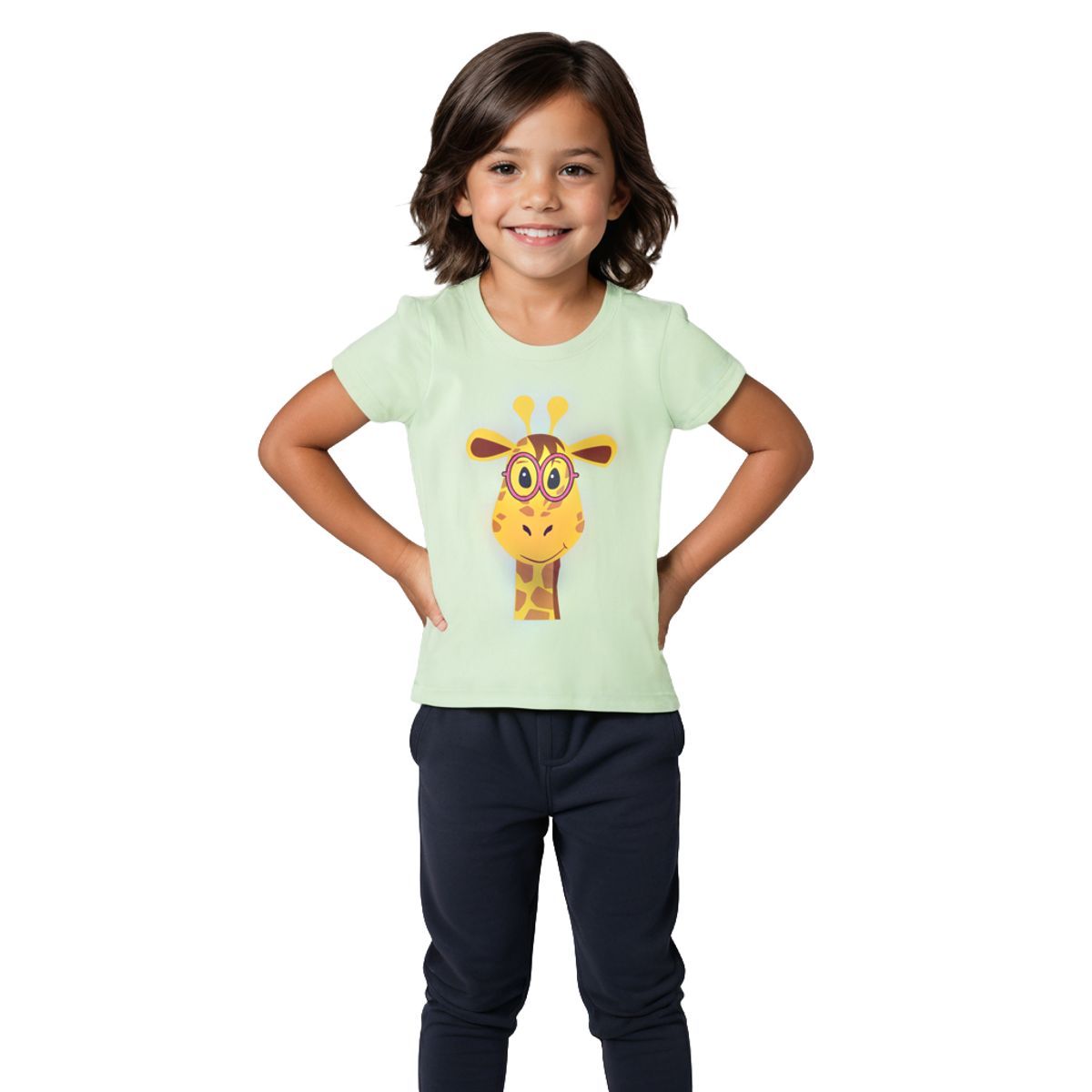 Girls T shirt Cotton Patina Green Giraffe