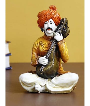 eCraftIndia Orange Rajasthani Musician Playing Sitar Handcrafted Decorative Polyresin Showpiece