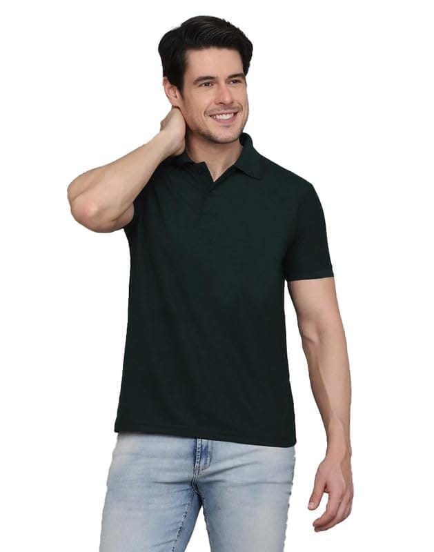Men's Casual Half Sleeve Solid Cotton Blended Polo Neck T-Shirt (Green, L)-PID47121