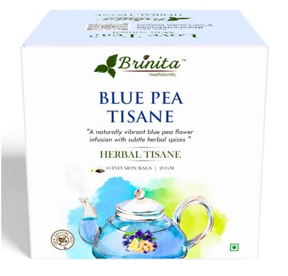 Brinita Blue Pea Tisane | Butterfly Pea Flower Herbal Tea for Weight Loss & Detox | Lemongrass Ginger Cinnamon Cardamom | Caffeine Free Antioxidant Tea | 10 Tea Bags | 20g