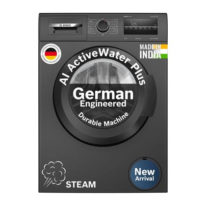 Bosch 8 kg 5 Star Front Load Fully-Automatic Washing Machine, AI ActiveWater,15 Wash Programs, Removes 99.9% Germs with Steam, No Tangle or Wrinkle, Zero Vibration, Black/Grey, WAJ2826CIN Bosch 8 kg 5 Star Front Load Fully-Automatic Washing Machine, AI A
