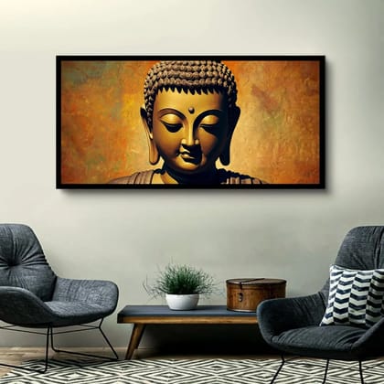 Luminary Golden Reflection – Minimalist Buddha Face Museum-Quality Cotton Canvas Painting for Meditation Nook Décor | Frame Size (127 X 69 Cm) | Frame Type (Black) | 5-Year Warranty