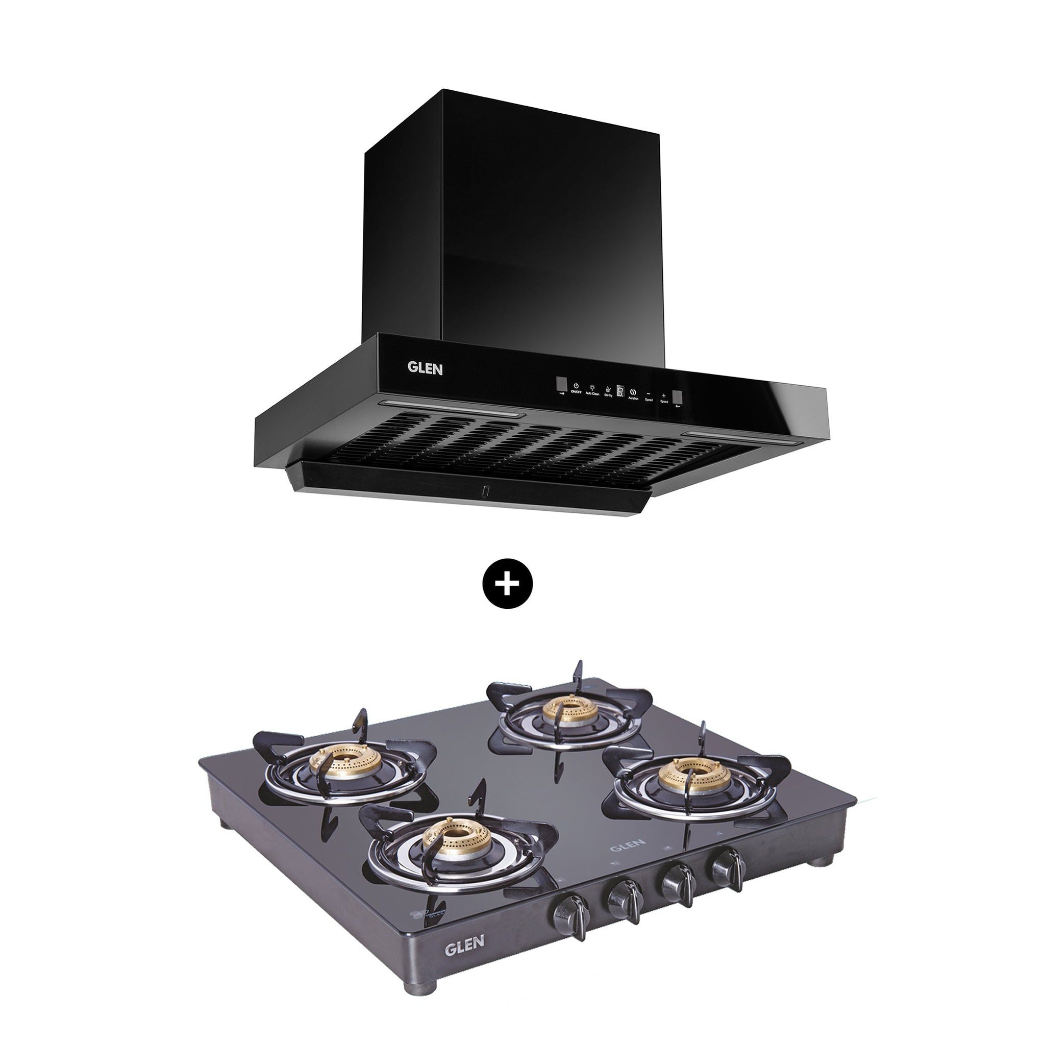 4 Burner Gas Stove Brass Burner (1043 GT BB BL) + Ductfree Kitchen Chimney Plug & Play with Baffle filters 60cm 1100 m3h (CT1043GTBBBL+CH6052DFMSBFBL60)