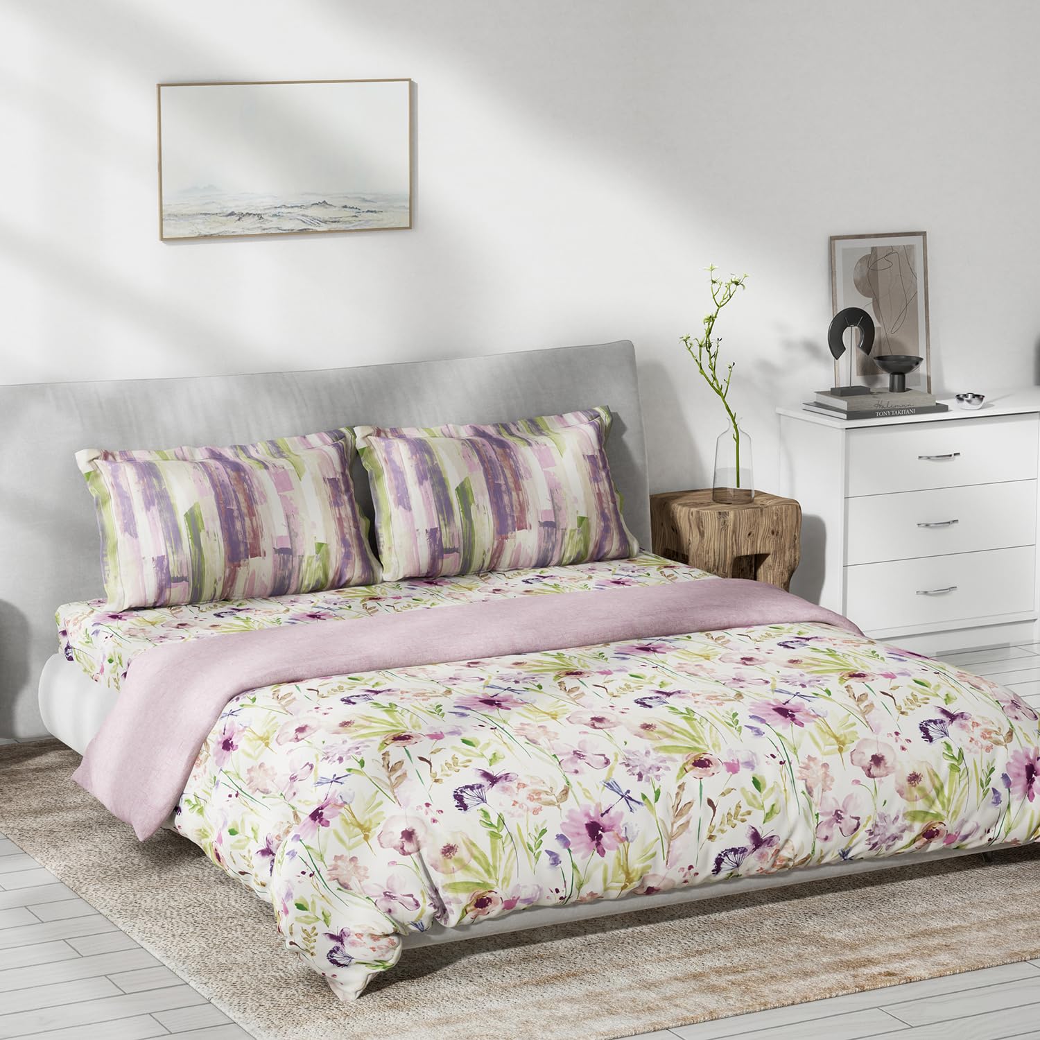 DDECOR - Primary Collection 100% Cotton Floral Pattern 145TC King Bedsheet |254 CM X 274 CM|, Quilt and with 2 Pillow Covers - Pink