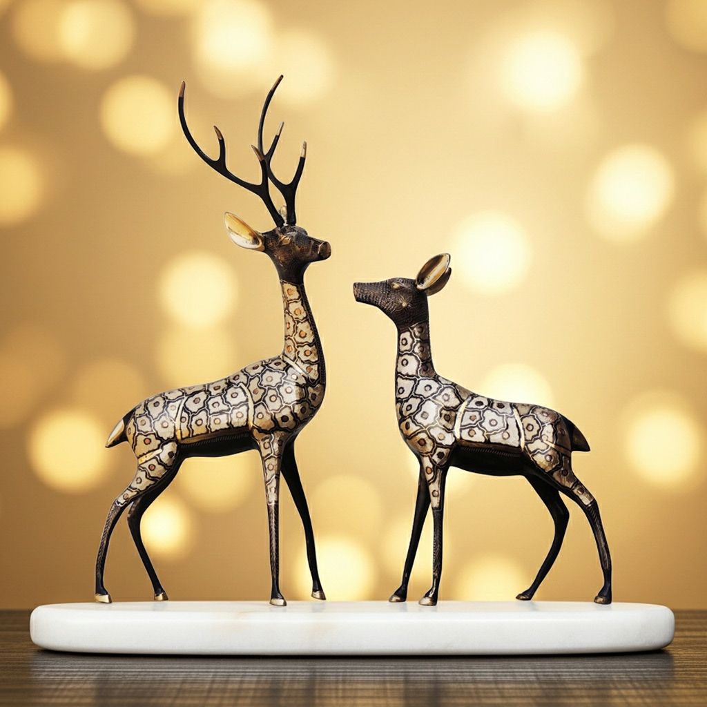 Antique Finish Brass Deer Pair Decorative Showpiece for Home & Office, Height : 28 Inch (ANMAS227 A)