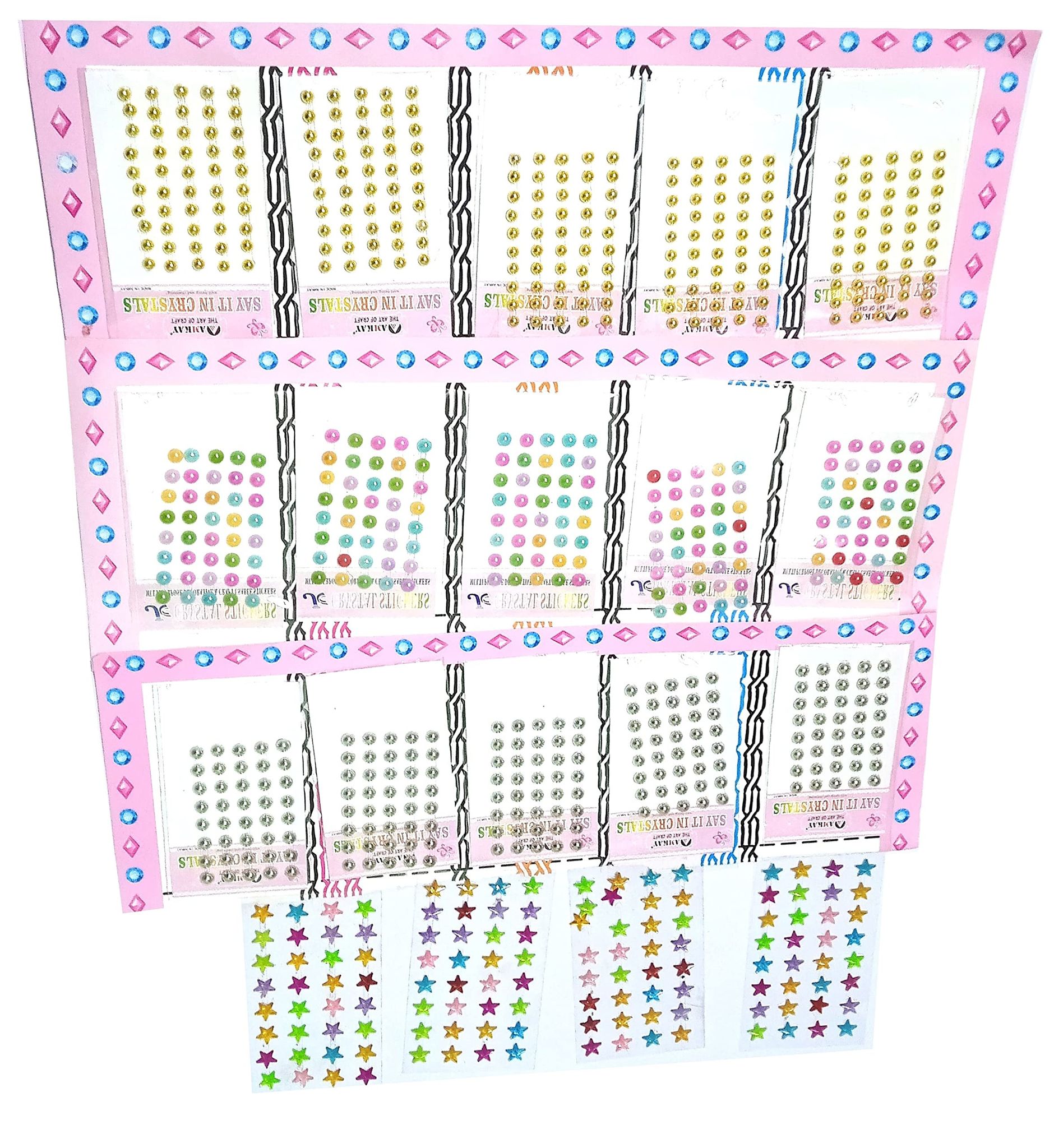 Nawani Gold, Silver, Multi and Star 19 Pic Self-Adhesive Rhinestone Stickes, Bling Craft Jewels Crystal Gem Stickers.