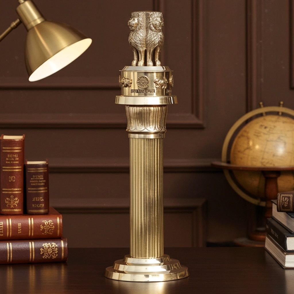 Brass Ashoka Pillar National Emblem � Home Decor & Elegant Table Showpiece, Height : 15 Inch (FMAS691 H)