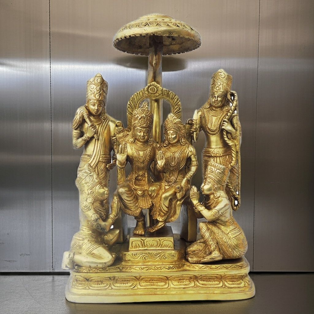 Brass Ram Darbar Statue for Worship | Ram Parivar Idol for Home Temple, Height : 15 Inch (BSMAS1134 G)
