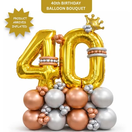 Signature Number 40 Large Golden Balloon Bouquet Arrangement with Small Crown & Silver, Rosegold Latex Balloons
