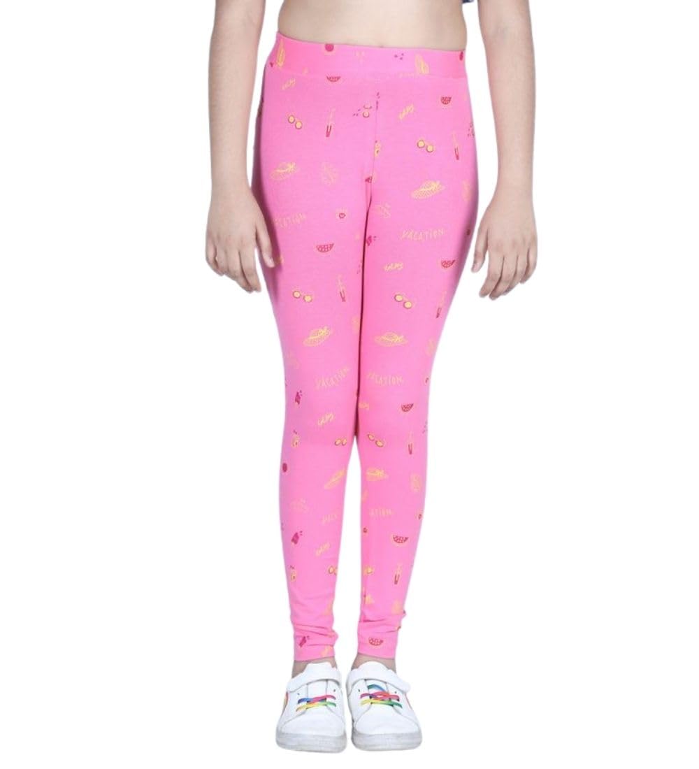 Girl's Cotton Blended Printed Elasticated Leggings (Pink, 5-6-Yrs)-PID66138